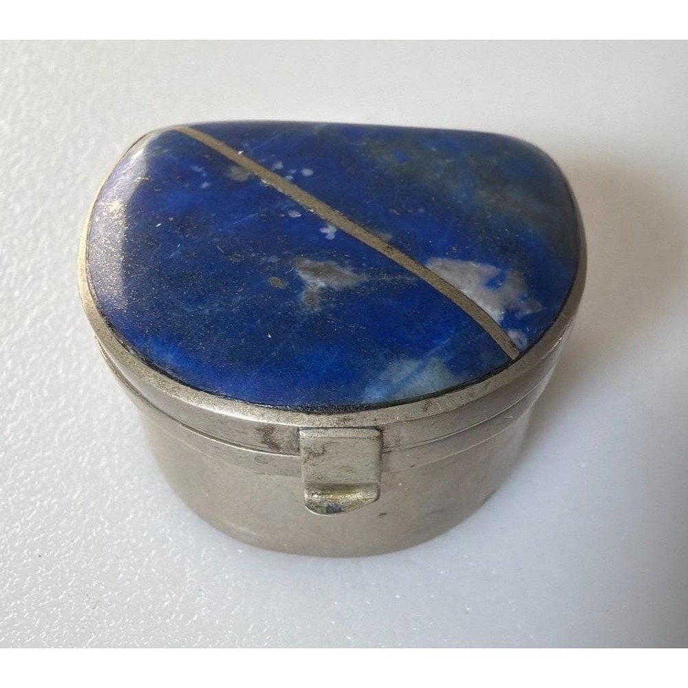 Lapis Lazuli Ring Pill Trinket Box Silver Metal Trim & Hinged Lid Pyrite Flecks